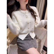 批发韩系温柔风重工钉珠圆领针织开衫女秋冬气质百搭仿水<b class='q'>貂绒</b>毛衣<b class='q'>外套</b>