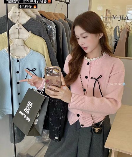 한 부서 다용도 달콤함 연령 감소 나비 매듭 스트랩 스웨터 여자 가을 겨울 디자인 센스 와이드 부드러운 찹쌀 오픈 가디건