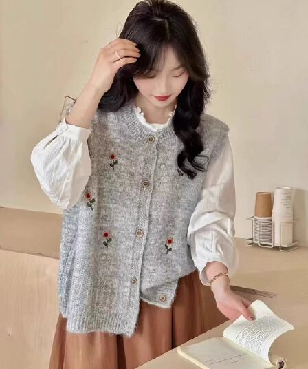 한 부서 느긋한 바람 꽃 니트 베스트 조끼 여성 가을 겨울 셔츠 스택 착용 민소매 어깨 외부 가져 가라. 스웨터 오픈 가디건