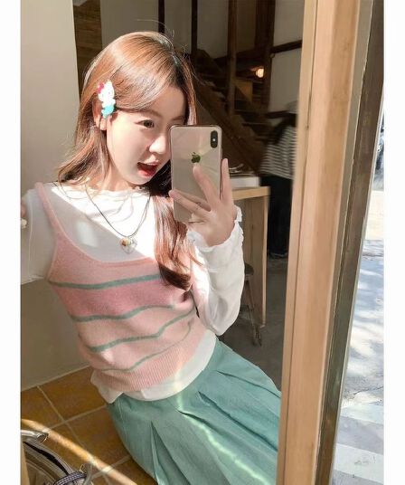 한 번 작은 짭짤한 한 부서 핑크색 스트라이프 쇼트 스타일 니트 캐미솔 봄 몸매 가꾸기 베스트 맨위 스택 착용 세트