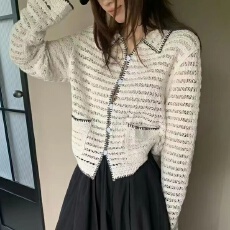 批发2026秋季新款欧货名媛风撞色翻领长袖勾花镂空针织开衫外套