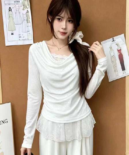 가을 한 부서 달콤함 흔들다 칼라 패치워크 페이크 레이어드 풀오버 긴팔 새로운 다용도 패션 슬림해 보이는 품격