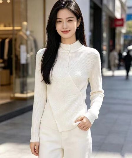 불규칙 반하이넥 허리 수축 니트 스웨터 여성 2026 년 새로운 가을 겨울철 몸매 가꾸기 슬림해 보이는 디자인 센스 맨위 서비스
