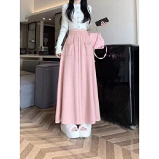 批发秋冬新款松紧慵懒风针织长款百搭裙子韩系秋冬设计感双口袋<b class='q'>半身裙</b>