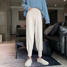 批发白色针织加厚九分裤<b class='q'>女</b>秋冬季宽松休闲直筒高级感松紧腰小脚萝卜裤