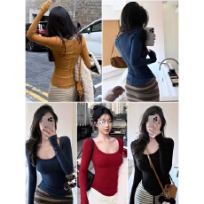 批发纯欲性感修身上衣女早秋新款长袖T恤后背蕾丝<b class='q'>镂空</b>外穿打底衫