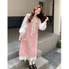 批发温柔风针织连衣裙套装女泡泡袖衬衫减龄氛围感两件套百搭显瘦长款