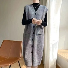 批发针织马甲背心裙女<b class='q'>秋</b>冬大码慵懒风宽松休闲长款针织开衫v领连衣裙