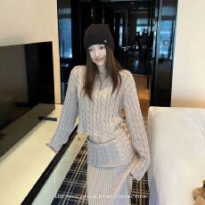 批发韩版穿搭圆领麻花套头短款毛衣女<b class='q'>冬</b>季竖坑条针织开叉半身裙套装