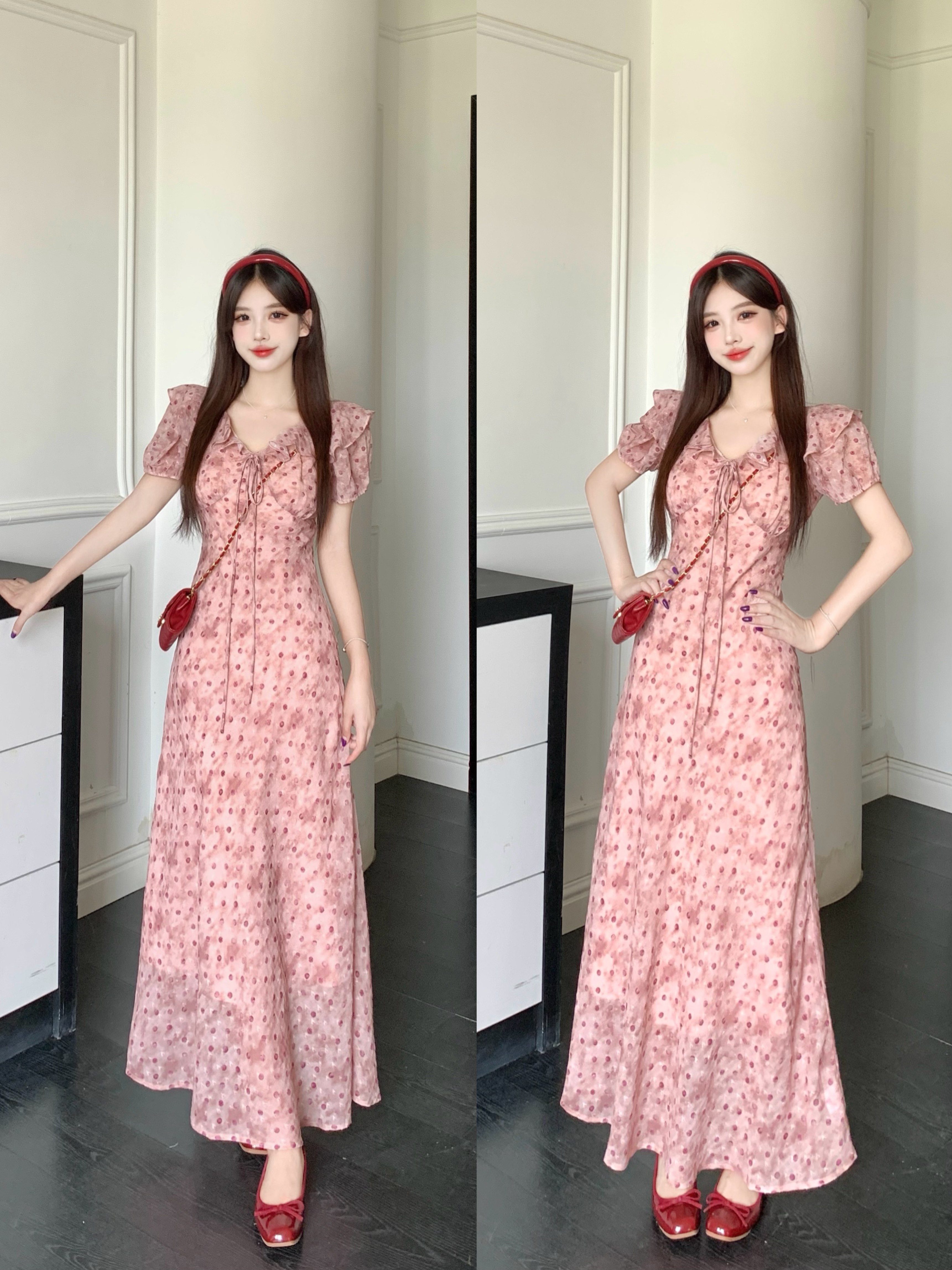 RY6571# 实拍~ 法式气质收腰显瘦扎染粉色波点中长款温婉荷叶边连衣裙
