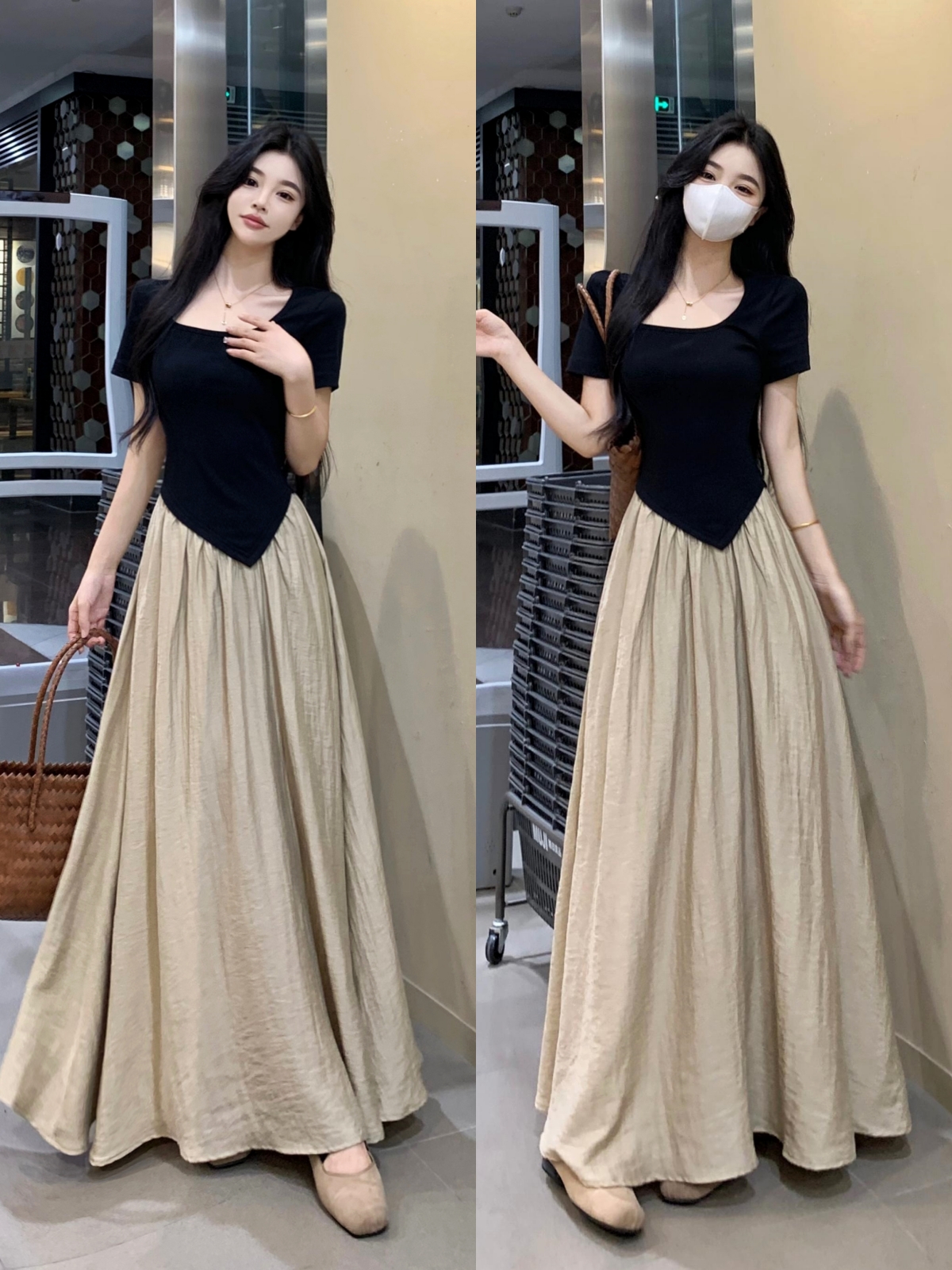RY6567# 实拍~ 国风新中式假两件收腰显瘦拼接方领中长款连衣裙