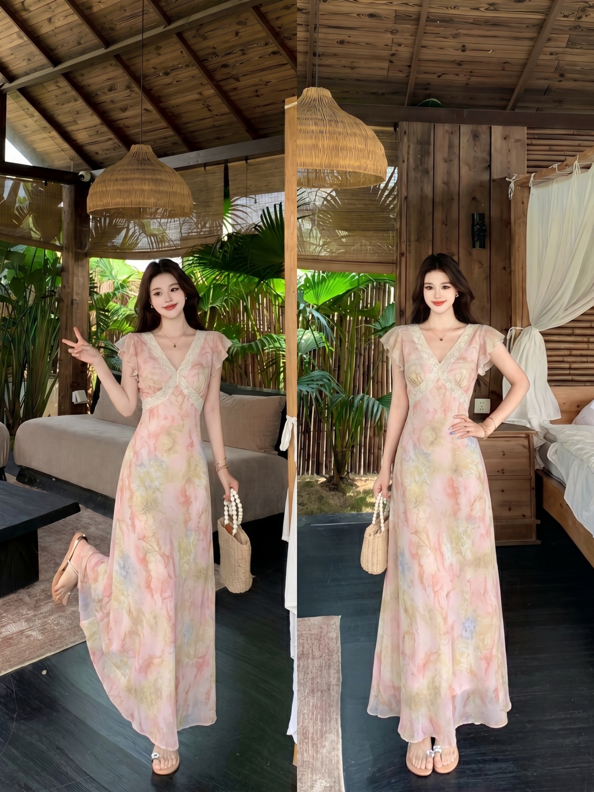 RY6561# 实拍~ 绝美粉色蕾丝拼接V领碎花连衣裙夏巨好看收腰长款度假裙