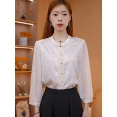 批发早春新款圆领提花纯色洋气时尚百搭衬衫女