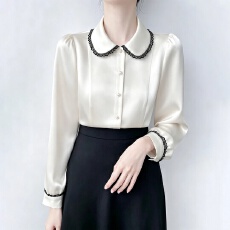 批发<b class='q'>娃娃领</b>缎面长袖衬衫女士秋季新款法式时尚撞色设计感小众上衣