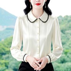 批发娃娃领缎面长袖衬衫女士秋季新款法式时尚撞色设计感小众上衣