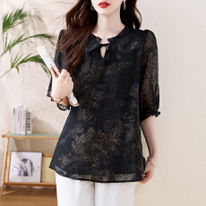 批发中袖妈妈<b class='q'>雪纺衫</b>2026年春夏新款时尚波点衬衣七分袖洋气上衣遮肚子
