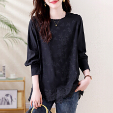 批发胖妹妹圆领宽松提花<b class='q'>雪纺衫</b>2025秋季气质慵懒百搭休闲长袖衬衣女