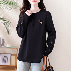 批发洋气镂空蕾丝长袖胖MMT恤女 2026年大码宽松上衣秋季新款欧货女装