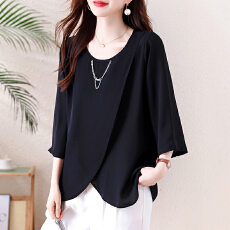 批发2026夏季<b class='q'>胖</b>妹妹黑色雪纺七分袖上衣女不规则链条圆领通勤显瘦衬衫