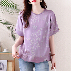 批发2026年<b class='q'>胖</b>妹妹夏季新款新中式提花短袖衬衫女宽松圆领紫色缎面上衣