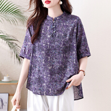 批发2026年<b class='q'>胖</b>妹妹夏季<b class='q'>女装</b>国风立领亚麻碎花衬衫 新中式短袖上衣女