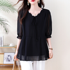 批发2026年大码女装独特漂亮V领雪纺衫加肥加大胖mm遮肉显瘦7分袖上衣