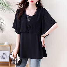 批发2026大码法式V领蕾丝雪纺衫胖mm遮肉显瘦亮片假两件气质洋气小衫