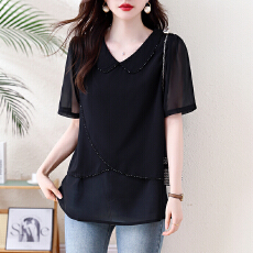 批发2026夏季新款大码女装娃娃领雪纺衫胖mm遮肚显瘦宽松短袖黑色上衣