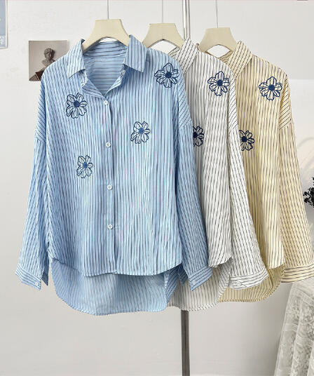 2026 봄 드레스 새로운 자수 꽃 POLO 칼라 긴팔 세로 줄무늬 단색 셔츠