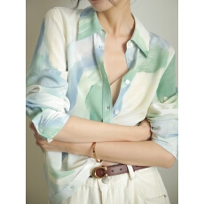 批发小清新中式水墨风印花真丝<b class='q'>衬衫</b>女<b class='q'>长袖</b>宽松国风桑蚕丝上衣