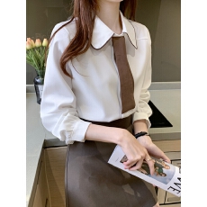 批发撞色领带长袖衬衫通勤娃娃领小众打底衫女