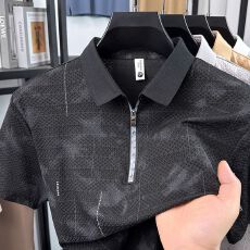 批发创垚男装 款<b class='q'>翻领</b>提花印花拉链上衣POLO衫<b class='q'>男士</b>短袖<b class='q'>T</b><b class='q'>恤</b>【四色】