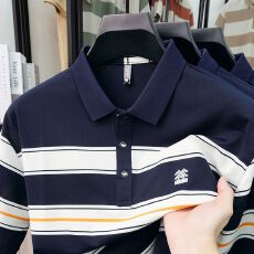 创垚男装夏季新款中青年色织条休闲高质量商务轻奢男士大码POLO衫