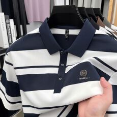 批发创垚男装夏季新款中青年色织条休闲高质量<b class='q'>商务</b>轻奢男士大码POLO衫