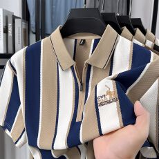 批发创垚男装夏季新款中青年色织条休闲高质量<b class='q'>商务</b>轻奢男士大码POLO衫