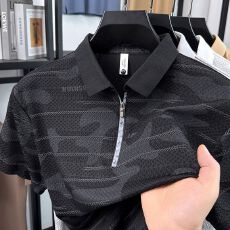 批发创垚男装新款<b class='q'>翻领</b>提花印花拉链上衣POLO衫<b class='q'>男士</b>短袖<b class='q'>T</b><b class='q'>恤</b>