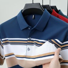 批发创垚男装夏季新款爸爸装色织条休闲真口袋商务轻奢男士大码POLO衫