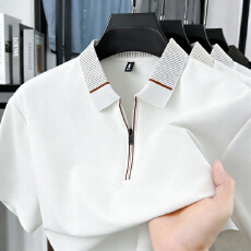批发高档外贸POLO衫夏季<b class='q'>休闲</b>男士翻领百搭短袖纯色刺绣拉链款T恤上衣