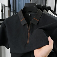 批发高档外贸POLO衫夏季<b class='q'>休闲</b>男士翻领百搭短袖纯色刺绣拉链款T恤上衣