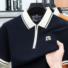 批发【TiKE • 香港奢品高定】珠地棉透气翻领短袖拼色拉链POLO衫男士