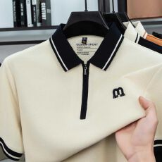 批发TiKE • 香港奢品高定珠地棉透气翻领短袖拼色拉链POLO衫男士