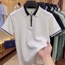 批发创垚男装 新款男士提花半袖拉链翻领轻奢插色polo衫短袖体恤