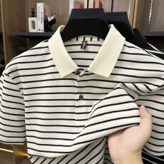批发创垚男装拼色条纹针织polo衫男短袖新款宽松百搭<b class='q'>时尚</b>翻领冰丝T恤