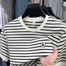 批发创垚<b class='q'>男</b>装 美式复古潮流条纹刺绣青年上衣休闲轻奢百搭半袖短袖T恤