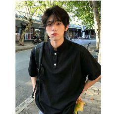 批发美式小众痞帅复古亨利领短袖<b class='q'>男</b>女夏季T恤高级感百搭上衣