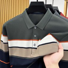 创垚男装秋季新款色织条真口袋长袖T恤男中老年爸爸装休闲POLO衫
