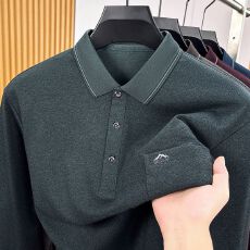 创垚男装秋季彩棉真口袋长袖T恤男宽松中老年爸爸装休闲POLO衫