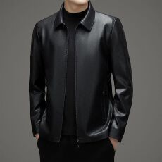 批发春秋翻领皮衣男中年<b class='q'>商务</b><b class='q'>休闲</b>皮外套纯色拉链百搭通勤皮夹克