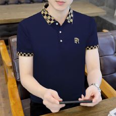 批发男装短袖T恤 修身直筒高级感男装金标刺绣 格纹包边 透气垂坠POLO