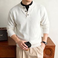 批发日系假两件拼接亨利领毛衣男秋冬cleanfit宽松保暖大码情侣针织衫